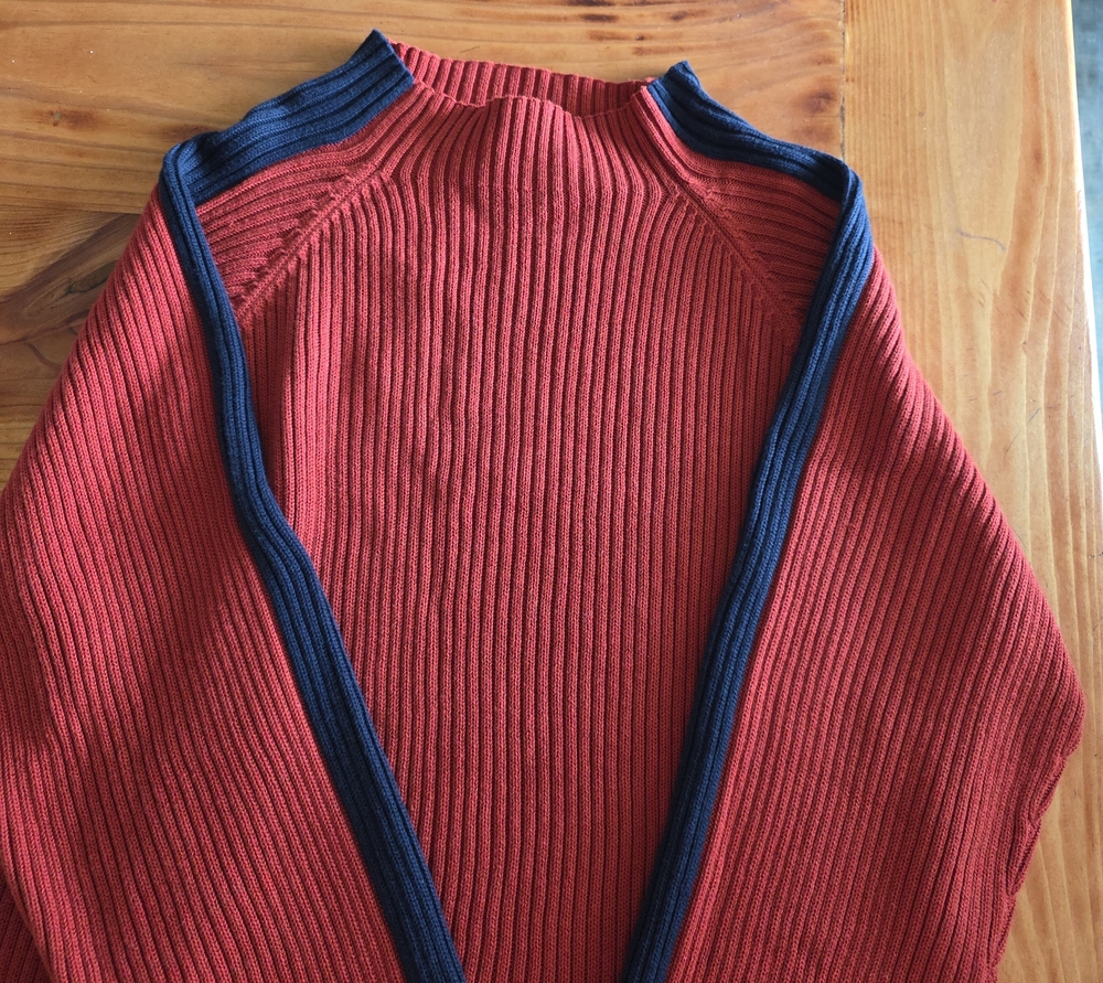 Men's Ribbed Crew Sweater in Rust with Navy Trim Vintage 1990